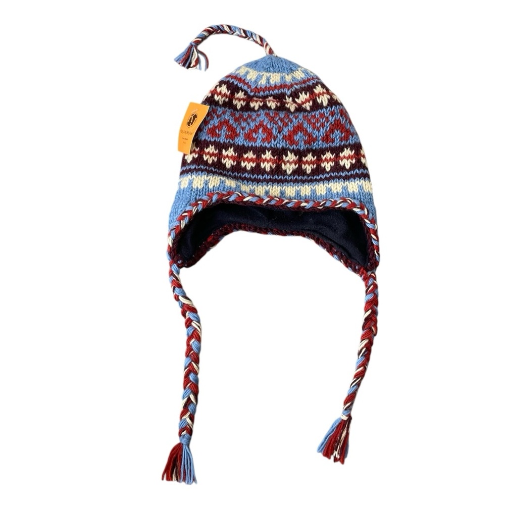 Nepal Hand Crafted Knit Winter Hat Blue Red